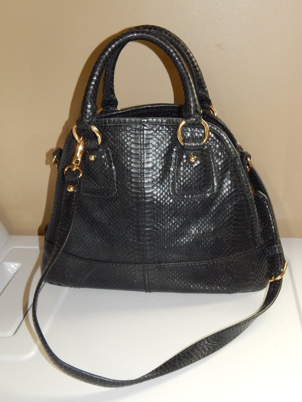 TALBOTS Black Croc Embossed Print Leather Purse Handbag Bag With Handles & Strap